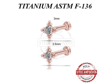 Лабрет титановый Steel and Silver розовое золото с кластером Premium Crystals